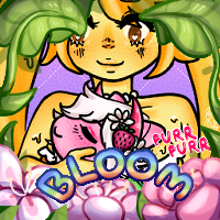 Drawing of a yellow character with bananas for hair sitting down, a pink pony with a white and pink mane and slime tail sitting on her lap. She's scratching the pony's chin, the pony purring.