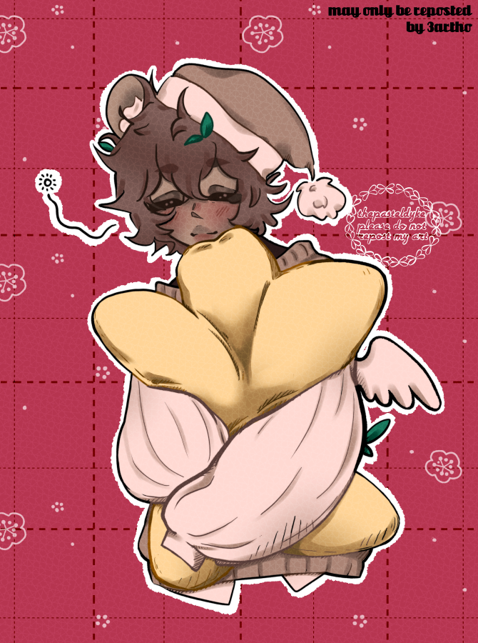 A character with brown skin and fluffy brown hair, animal ears and wings, hugging a star-shaped pillow, looking sleepy.