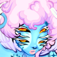 Yen has light blue skin with white facial markings. She has five sets of eyes with long white eyelashes. She has blue minerals growing out of her skin, here illustrated as sparkles, a dark blue scar in the center of her chest. The image is cropped close to her body at the sides, her tail curling against the wings growing out of her head. Her long and fluffy pink and purple hair reach down her back. She's sitting down, one of her legs pulled up toward her chest.
