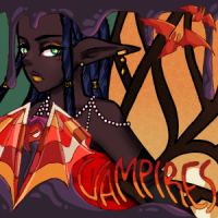 A fae with dark skin, black hair in locs, pointy ears and butterfly wings wearing a red dress and black leg and arm warmers. She's floating, arms down, one leg bent.