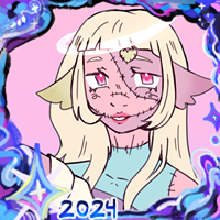 Engla is a zombie, and is made up of a patchwork of body parts. Parts of her skin is pink, purple, green and blue. Her hair is long and straight, light blonde at the crown and pink toward the tips. A halo floats over the right side of her head. In this picture she's wearing an oversized sweater that's half purple and half white. Her hands are raised into a nya pose as she's smiling and looking to the side.