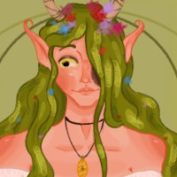 Skogsrået has long wavy green hair that reaches to her knees, long curved horns that almost meet in the middle. Vines and flowers are hanging off her horns, leaves and petals in her hair. She's wearing a long loose white dress. Her hair hides the left side of her face. The image is cut off at her chest. She's smiling, looking off to the side.