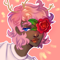 Teala has brown skin with pink spots and pink hair, branches growing out of his hair. Instead of a left eye is a red rose. The image is cut off above the chest, though you can see that he's wearing a white shirt.