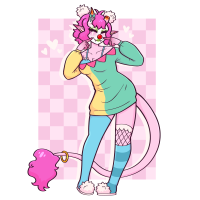 Rhubaby has pink skin and hair, a long tail that ends with a fluffy tuft of fur. She has clear horns with orange tips. She's wearing clown makeup and a clown nose. She's wearing an oversized sweaterdress that's half green and half yellow, pink bunting sewn to the wide neckline. You can see her light blue bra peeking out underneath. She's wearing one thigh high blue sock, and one knee high striped blue sock, a thigh high fishnet sock under the knee high sock. She's also wearing white fluffy slippers. She's standing, leaning to the side, hip cocked as she pokes her cheeks with her index fingers, smiling wide with her eyes closed.