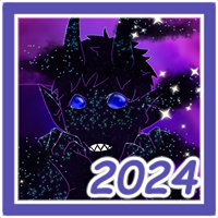 Midnatt is pitch black with purple outlines. They have a long tail that ends in a tuft of fluff. Dark clouds swirl out from them, a myriad of stars covering their skin and floating around them. They're sitting down, legs crossed and hands propped up against his cheeks. He has blue eyes. A galaxy is swirling behind him.