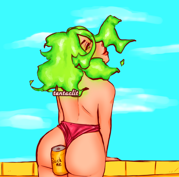 Drawing of Burnin wearing only underwear, back turned to the screen, her hair down. She's leaning her hands against a railing, a can between her buttcheeks that says 