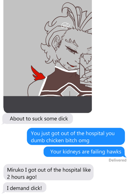 Image made to look like a screenshot of the text messages app. Up top is a no-colour drawing of Hawks, only his wings and tongue coloured red. He's holding his phone up so it covers parts of his face, taking a selfie as he sticks his tongue out. He's wearing his hero-suit shirt but no jacket. Chat bubbles underneath read; 