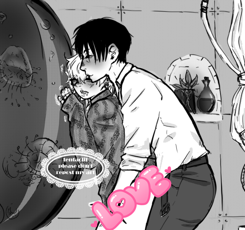 Doodle of Maeda and Takeuchi. Maeda is standing behind Takeuchi, who is propped up against his jellyfish tank in his workroom, arms against the glass. Takeuchi's hair is down, and he's dressed in only his buttonup shirt, while Maeda is fully dressed, his belt unbuckled as he fucks Takeuchi and fingers him at the same time.