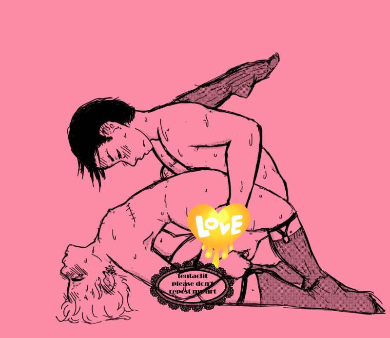 Doodle of Maeda and Takeuchi. They're both naked aside from socks and sock garters. One of Takeuchi's legs is slung over Maeda's shoulder, Maeda holding on to him where his other leg meets the ass, holding him up off the ground. Takeuchiis gripping Maeda tightly by the thigh. Both their eyes are closed as Maeda fucks Takeuchi.