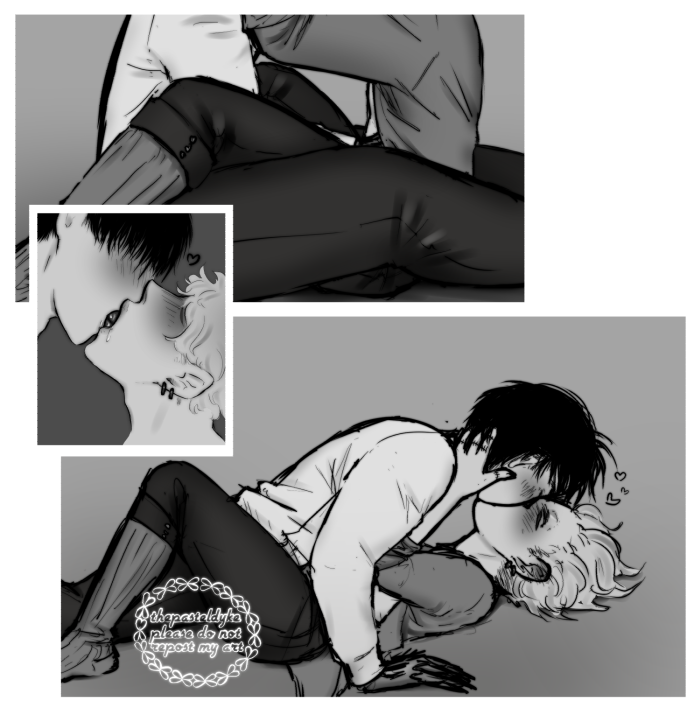 Image 1 of 4 of a sequence of pictures of Maeda and Takeuchi, in grayscale. This page consists of three panels. Panel 1 is a shot of Takeuchi sitting between Maeda's legs, his own legs on either side of Maeda. The top of the image cuts off at their shoulders. Panel 2 is of them kissing, with only their heads in view. Panel three, Takeuchi is on his back with Maeda on top of him, Takeuchi's hand at the nape of Maeda's neck as they kiss.
