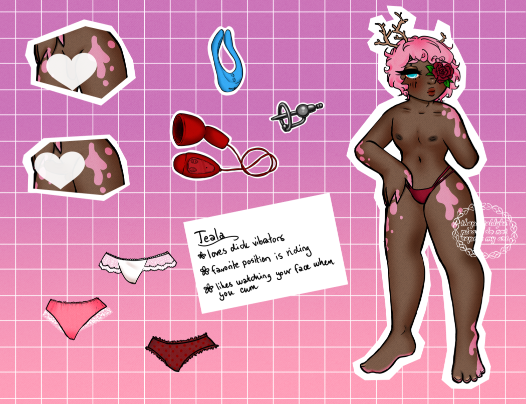 Character name: Teala. Character with brown skin with pink spots and pink hair, branches growing out of his hair. Instead of a left eye is a red heartshaped rose. His left arm ends above the elbow. This is a sort of character sheet with Teala on the right, dressed in only underwear. To the left are closeups of Teala's dick when soft and when hard. To the lower left there are three sets of underwear, one white and lacy, one pink with white lace, one red with frills along the edges. In the top center are different sex toys, two being vibrators of different kinds, the last being meant for docking. A textbox reads 'Teala, loves dick vibrators, favorite position is riding, likes watching your face when you cum'.