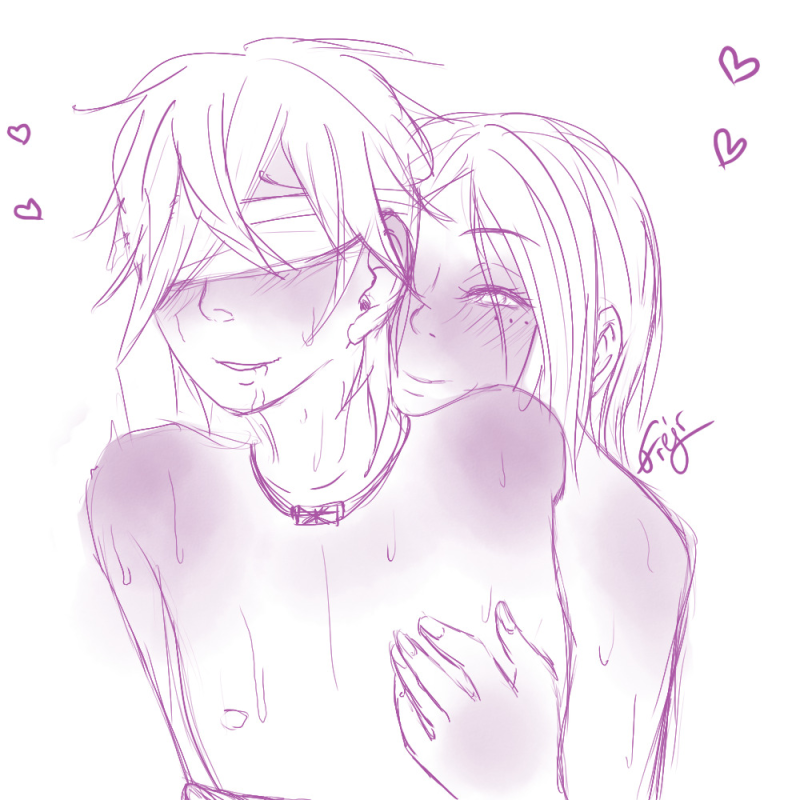 Doodle of Botan and Hirari from Donten ni Warau/Utakata ni Warau. Botan is behind Hirari, who has a blindfold covering his eyes. One of Botan's hands is on Hirari's chest, Hirari looking extremely flushed, body jerking. Botan is looking flushed and smiling behind him.