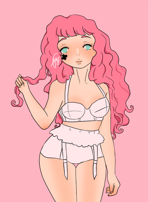 Clover/Yotsuba from Zero Escape, wearing cute underwear. She holds on to her hair with one hand, the other down.