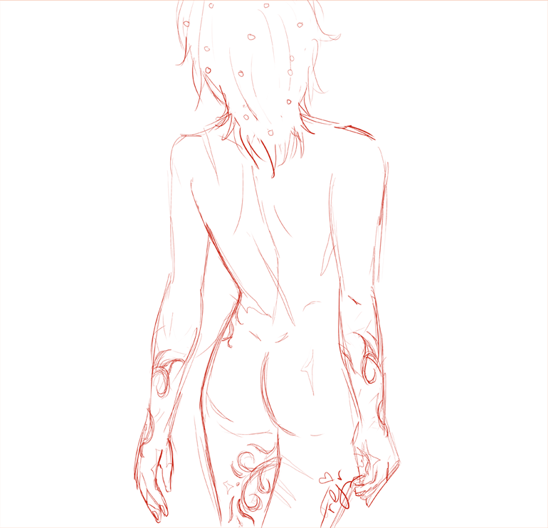 Doodle of Izumo from Takeru Opera Susanoh Sword of the Devil, from beind, showing off scars and tattoos.
