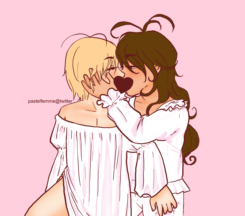 Lei and Jeile from Merupuri, Jeile, wearing a ruffly pyjamas, is standing behind Lei, pushing the bottom of Lei's nightgown up, exposing his thigh. Lei's hand is on Jeile's thigh, Jeile's other hand cupping Lei's face as they kiss. A heart is covering their mouths.