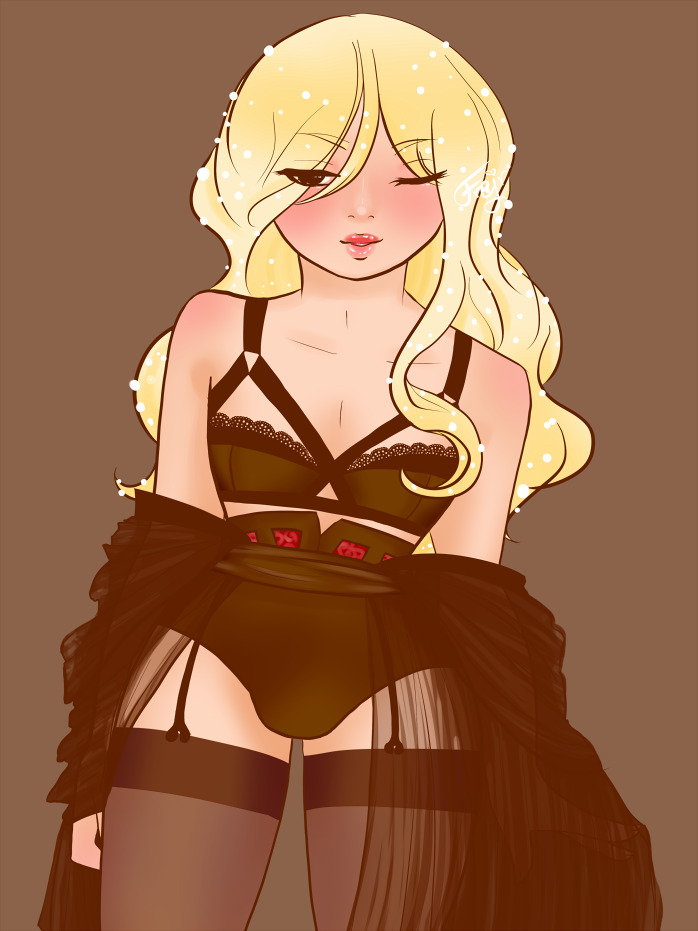 Lin from Hakata Tonkotsu Ramens dressed in dark lingerie and a sheer robe.