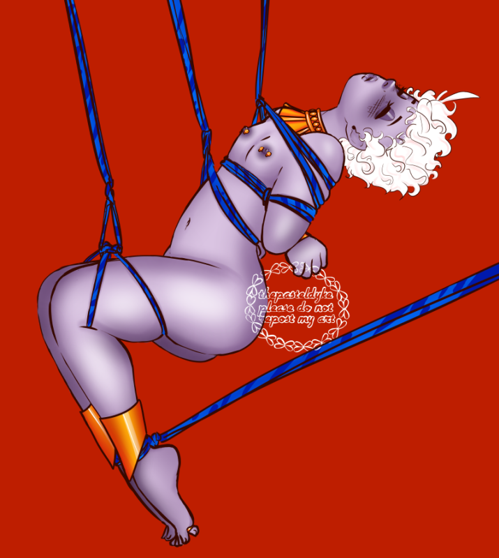 Hypnos from Hades Game, suspended in the air with blue rope, arms behind his back. His head is tilted bak, as he's sleeping.