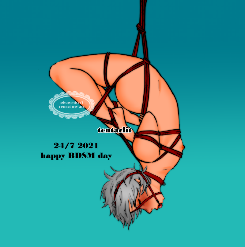 Kyousuke from Horimiya, suspended upside down with red rope, a ballgag in his mouth. Text next to him reads' 24/7 2021 happy BDSM day'. His eyes are closed.