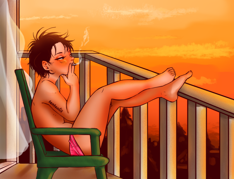 Momo from Yatamomo, sitting on a balcony, lit by the sunset. He has his feet up on the railing of the balcony, sitting on a chair, smoking. He looks out over the landscape.