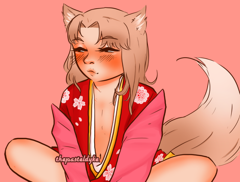 Reimei from Elegant Youkai Apartment Life, dressed in a kimono that's coming undone due to a lack of an obi. His hair is down, and he has a tail and foxears. He's looking off to the side, face flushed, smiling, lips slightly pursed.