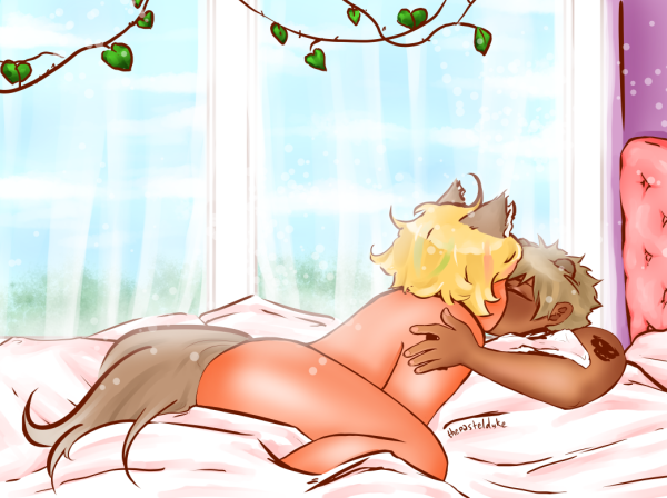 Drawing of Rom and Shuzo. Rom is lying underneath the bed covers, reaching his left arm to rest at Shuzo's shoulder while Shuzo is on top of the covers, naked, back turned toward the screen, leaning down to kiss Rom. Rom's eyes are closed. There are sheer white curtains covering the window, and you can see the bright blue sky through them.