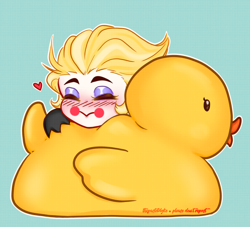 Tiny chibi Lucifer mostly hidden by a rubber duck that squishes where he's resting his head on its back.