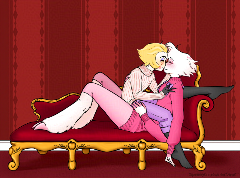 Lucifer and Angel Dust from Hazbin Hotel on a fainting couch. They're seen from the side, Lucifer sitting in Angel's lap, straddling him. Their faces are very close together, almost kissing. Lucifer's left foot is hooked over the arm rest of the couch. His left hand is on Angel's cheek, his right on his chest. Only Angel's left arms are visible, his top left hanging down, resting against Lucifer's heel. His bottom left hand is at Lucifer's thigh. Lucifer is wearing a white ribbed turtleneck sweater and lilac trousers while Angel is wearing a pink sweater dress with lilac bows on the chest, as well as pastel pink leggings. The fainting couch is gold with red fabric, the carving in the wood having apple and feather details.