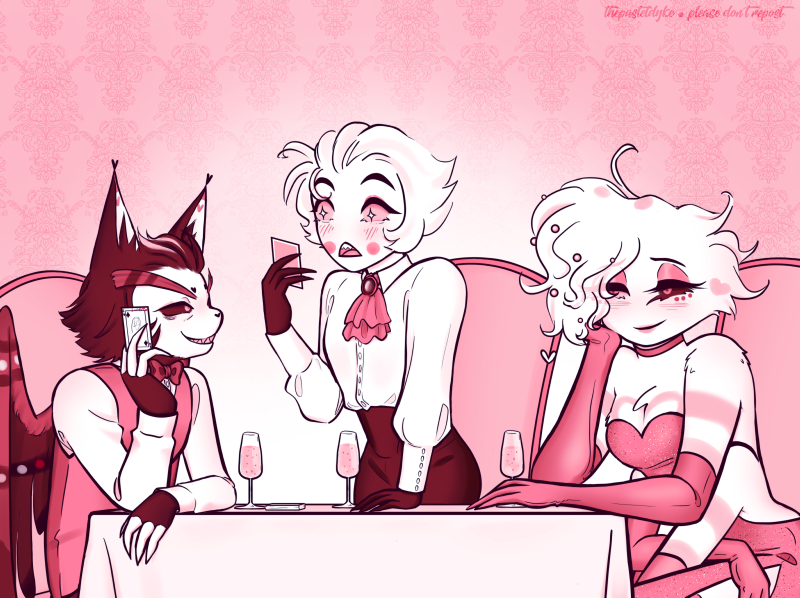 Husk, Lucifer and Angel at a table. Husk is sitting on the left, a card in his hand, grinning. In the middle is Lucifer, standing, a card in his hand, looking amazed. Angel is sitting on the right, cheek propped against his hand, smiling and lovestruck. The image only uses shades of pink.