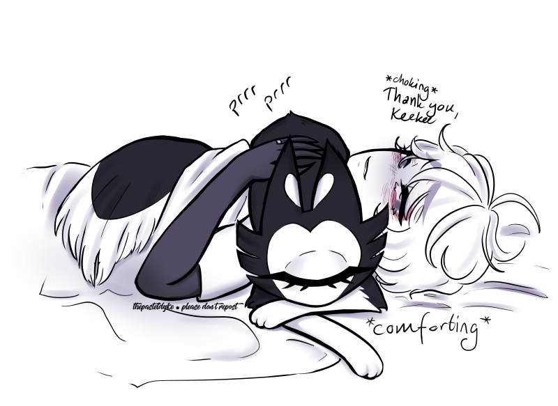 Monochrome image with slight purple tint of Lucifer lying on his back in bed, seen from the side. He looks like he's been crying. KeeKee is draped over his throat, purring. Her weight is choking him a little. Text above Lucifer reads '*choking* thank you, KeeKee'