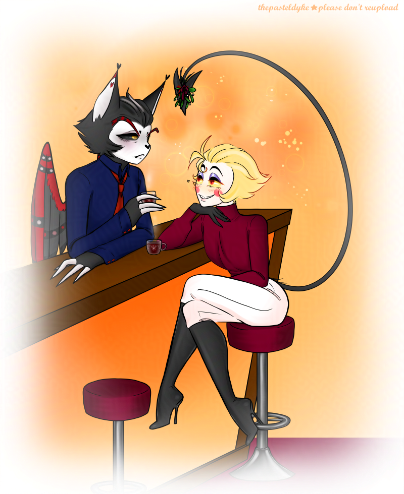 A digital drawing of Lucifer and Husk from Hazbin Hotel. Lucifer is sitting at the bar, one leg crossed over the other, his left hand in his lap, his right propped against his chin as he leans forward, grinning up at Husk. He's wearing a deep red shirt, white trousers and black high-heeled boots. Husk is standing behind the bar, dressed in a navy button-down shirt and a red tie with matching red and gold cuff links. His hair is pulled back and he's not wearing his hat. His left hand is resting on the top of the bar, a small cup of mulled wine raised halfway to his face in his right. One of his eyebrows raised, Husk is looking up at the tip of Lucifer's tail, that is raised over their heads. There is mistletoe tied to Lucifer's tail with a ribbon. The edges of the image fade to white and the background is a warm yellow and orange.