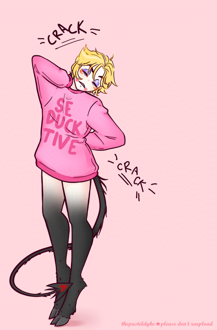 A digital drawing of Lucifer from Hazbin Hotel, dressed in nothing but an oversized pink sweater with the text 'se-duck-tive' in bog font on the front. His right hand is at his neck as he cracks it. His left hand is at behind him, as his back also cracks. His tail is out, loosely curled around his legs. He has cloven hooves instead of feet, legs fading from black to white mid-thigh. He's grimacing, eyes closed.