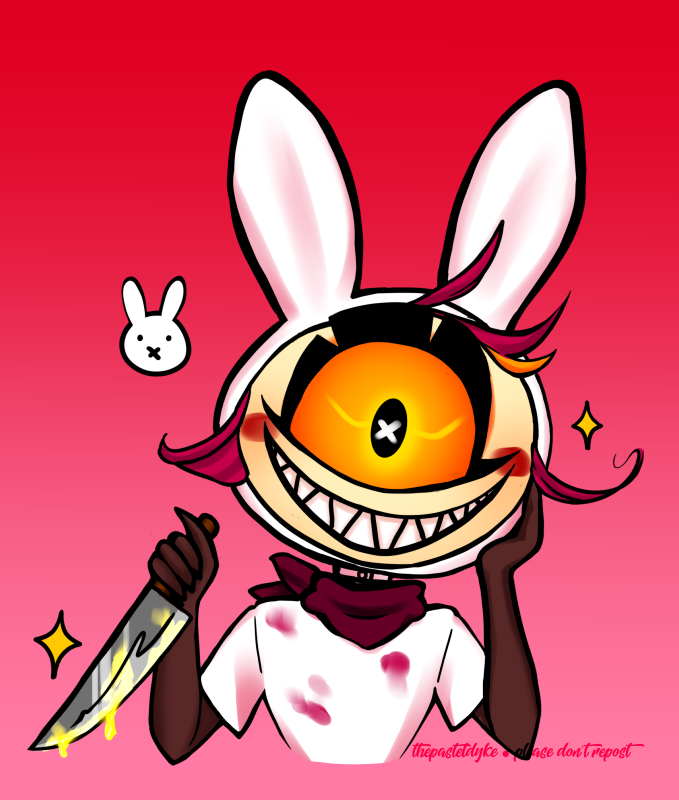 Niffty from Hazbin Hotel wearing a bunny hat, one hand against her cheek, a knife in the other. She's grinning. Instead of Miffy's nose there's an x in her eye.