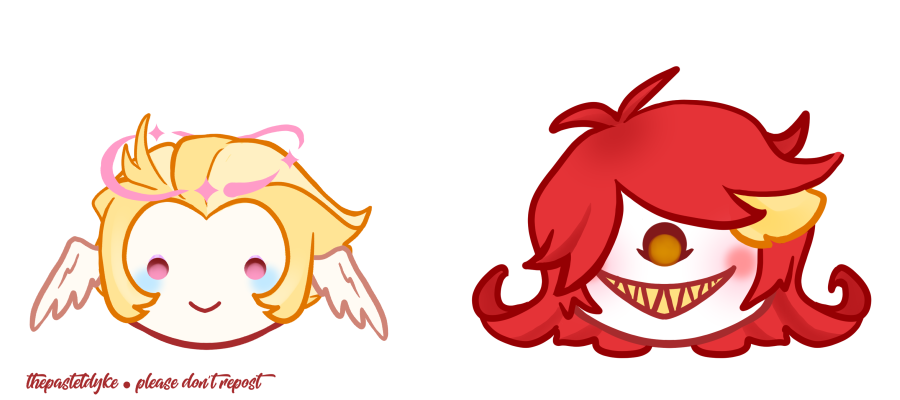 digital drawings of chibi heads of pre-fall Lucifer and Niffty from Hazbin Hotel.