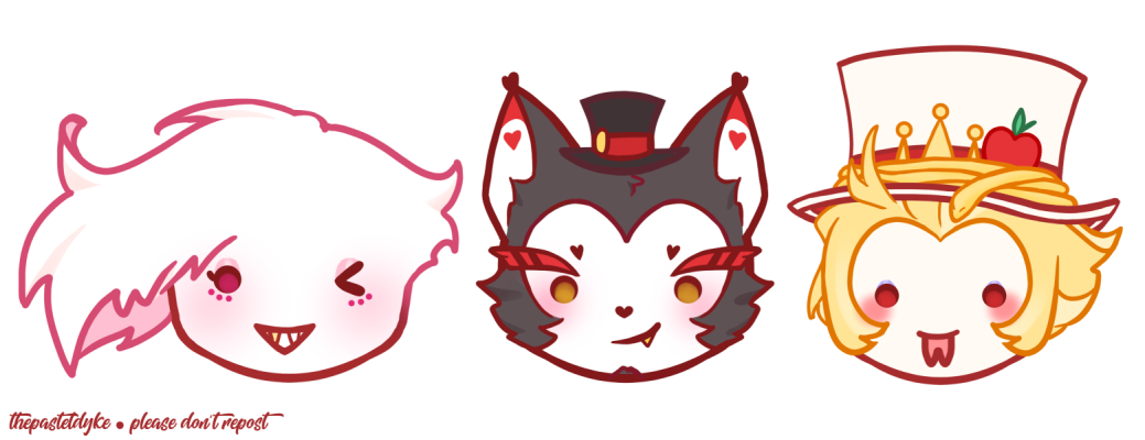 digital drawings of chibi heads of Angel Dust, Husk and Lucifer from Hazbin Hotel.