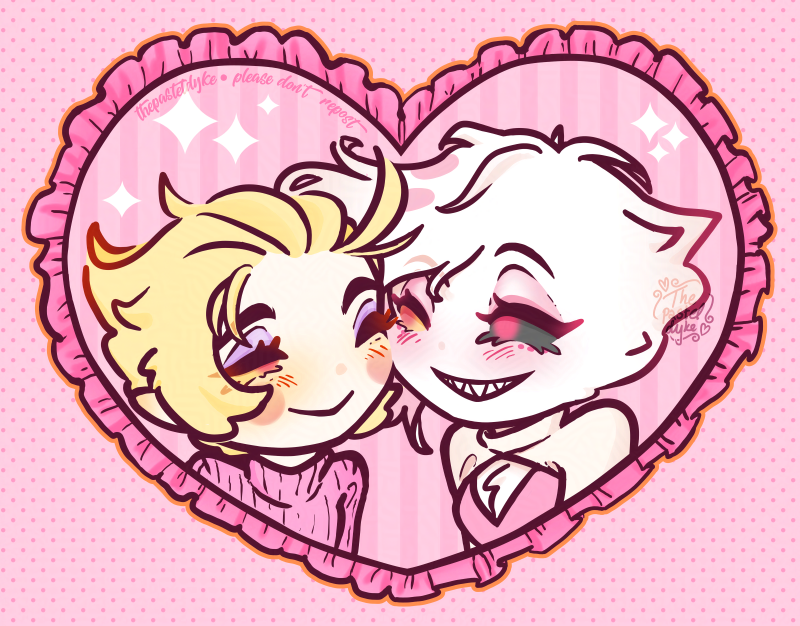 Chibi art of Lucifer and Angel Dust from the shoulders up, cheek pressed to cheek. Lucifer is smiling, Angel grinning. Lucifer is wearing a pink sweater and Angel a white chest-less sweater with a pink top.
