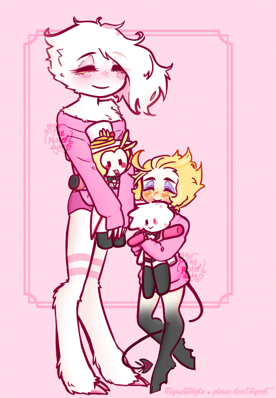 Full body chibi(ish) art of Angel and Lucifer from Hazbin Hotel, both standing. Angel is wearing an oversized cropped sweatshirt and underwear, holding a Lucifer plushie. Lucifer is wearing an oversized sweatshirt and holding an Angel plushie. Both are smiling.