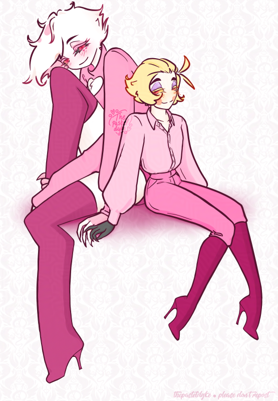 Digital full body art of Angel And Lucifer from Hazbin Hotel, sitting with their backs partially toward each other. Angel has one leg drawn to his chest, two of his hands around it. Lucifer has his pinky finger resting on Angel's last visible hand's pinky finger. They're glancing at each other, smiling.