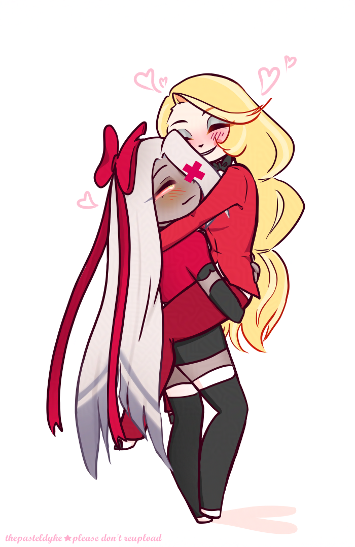 Digital semi-chibi style drawing of Vaggie and Charlie from Hazbin Hotel. Vaggie is carrying Charlie, who has her cheek pressed to the side of her face.