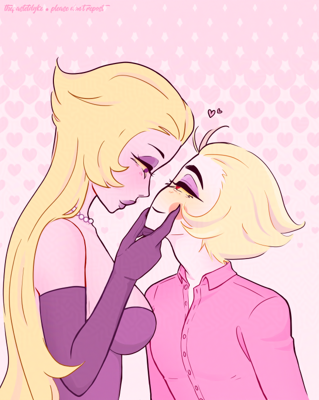 Digital drawing of Lucifer and Lilith from Hazbin Hotel from the waist up, coloured in pastels. Lilith is cupping Lucifer's cheek and chin as they look into each others' eyes, smiling.