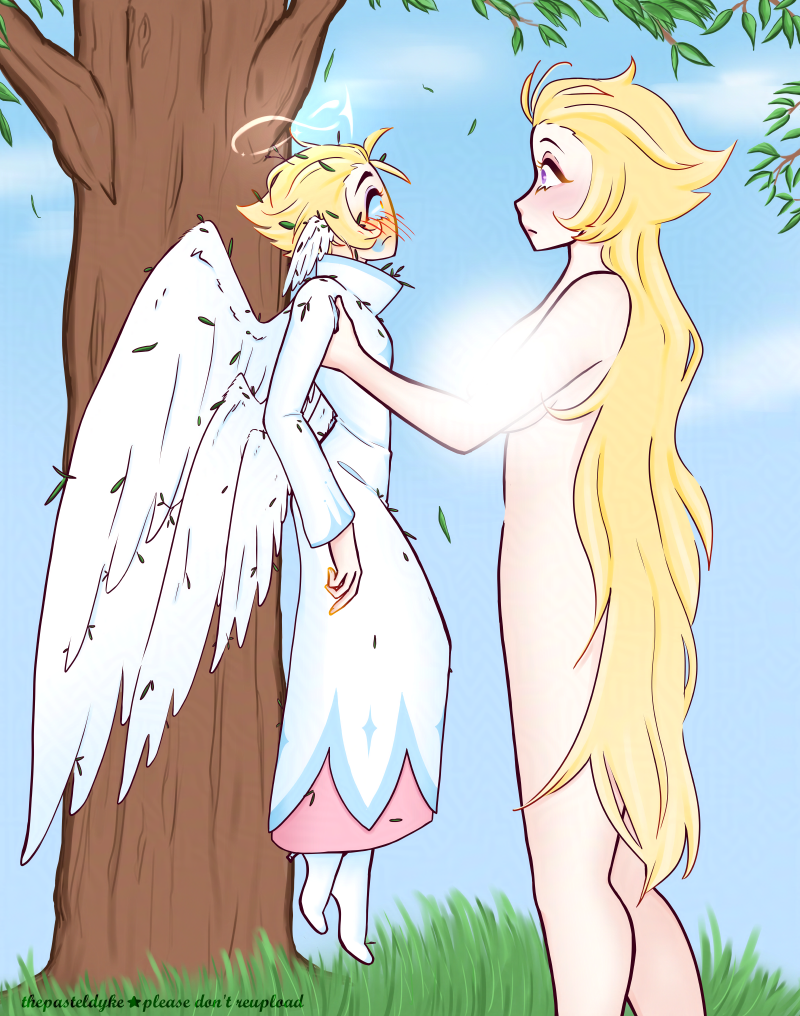 Human Lilith holding Angel!Lucifer up by his armpits. She's naked, Lucifer is dressed in a white robe with blue details and a pink underskirt, small leaves stuck to him. There's a tree behind them, branches of additional trees in the upper corners. Lucifer is blushing madly.