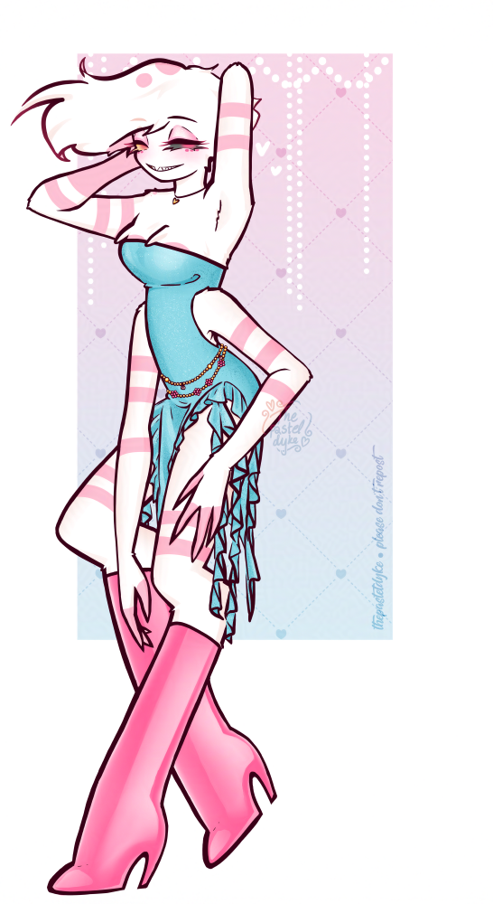 Digital drawing of Angel Dust from Hazbin Hotel wearing a turqoise dress with slits on the thighs and ruffles along the edges and hanging loose down the thigh, and pink knee-high boots. There are two strings of golden beads around his waist, one with sea shells and the other with flowers made out of beads. One lower arm is on his thigh, the other hanging down loosely. His top arms are raised, hands behind his head.