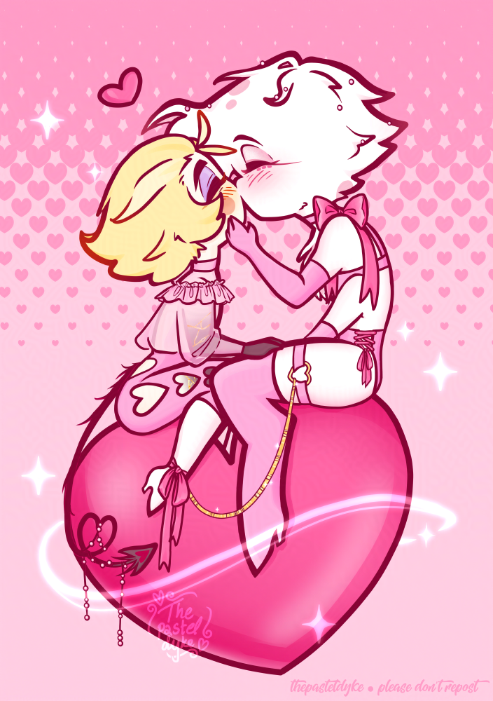 Digital drawing of chibi Lucifer and Angel Dust from Hazbin Hotel sitting on a large pink heart, facing each other, kissing. They're wearing pink clothes with matching pink bows and hearts, a gold chain connecting them between the strap around Angel's thigh and bow around Lucifer's ankle. There are sparkles around them. Lucifer's tail is shaped into a heart.