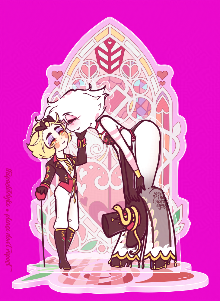Digital drawing of chibi-style Lucifer and Angel Dust from Hazbin Hotel, dressed in their official 2026 Valentines day outfits. Angel is bending down, face close to Lucifer's, one of Lucifer's hands resting on Angel's cheek, the other hodling his cane. Angel's upper hands are on his knees, his lower holding Lucifer's hat. The snake wrapped around Lucifer's hat is awake and lifting its head, tail hanging off the hat. Lucifer is wearing Angel's sunglasses, Angel wearing one of Lucifer's brooches. It's made to look like an acrylic stand, the background the same as the official standee stands, with some minor modifications to fit the ship.