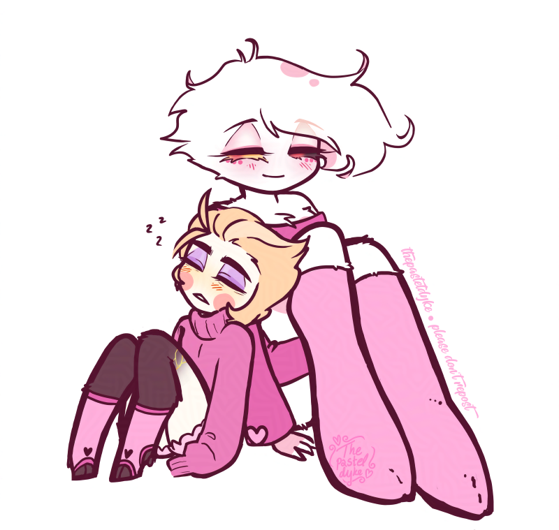 Digital drawing of chibi style Lucifer and Angel Dust from Hazbin Hotel. Lucifer is sleeping, leaning against Angel as Angel looks at him.