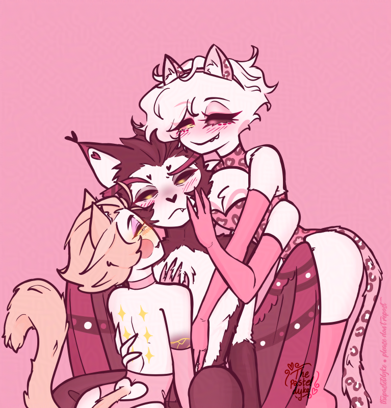 Digital drawing of Lucifer, Husk and Angel Dust from Hazbin Hotel, everything tinted toward pink. Husk is sitting down, Lucifer on his knees in front of him, one hand on Husk's chest. Angel is behind him, one hand on his stomach, the other on his cheek. His other two arms aren't visible. Husk is wearing trousers and is without his hat, while Lucifer has shapeshifted to have cat ears and a cat tail, wearing booty shorts and long gloves. Angel is wearing a bodysuit with a deep cleavage, cat ears and a cat tail, all with leopard print.