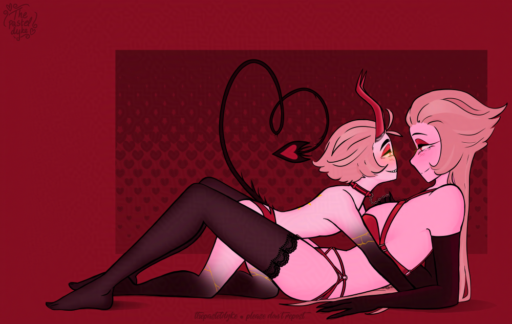 Digital dawing in red tones of Lucifer and Lilith from Hazbin Hotel seen from the side, wearing lingerie. Lilith is lying on her back, holding the chain to a collar that Lucifer is wearing in her hand. She's smiling. Lucifer is standing on his hands and knees above her, grinning. Lucifer's tail shapes a heart.