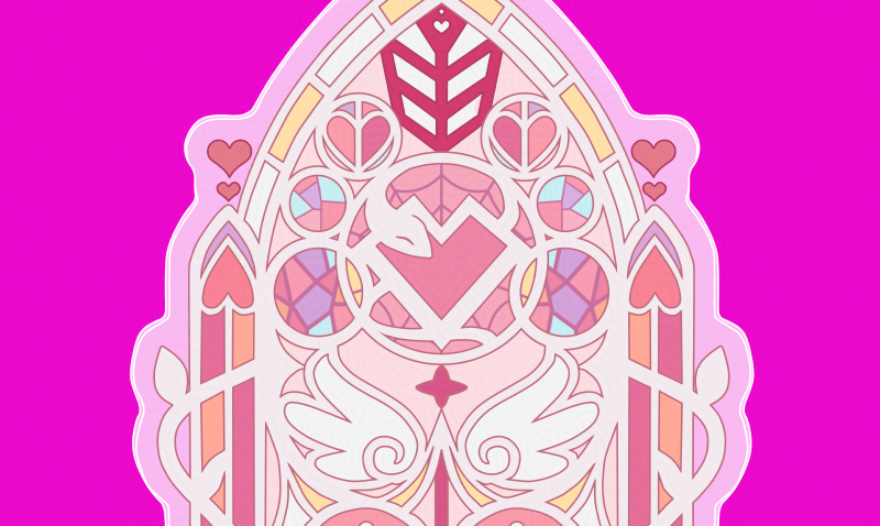 A crop of the background of the Hazbin Hotel valentines 2026 standees, the center adjusted to fit AppleDust with a snake, heart and spider web.