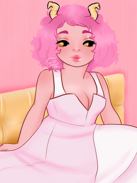 Mina as an adult with slightly longer hair, horns with a few notces in them from being a pro-hero. She's sitting on a yellow sofa, wearing a long lightpink dress with a straight neckline with a vertical slit opening it up. The dress has wide white straps. The skirt f the dress is mainly pink but a slit shows a white layer underneath. She's smiling and looking to the side.