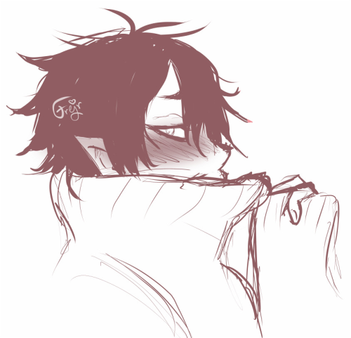 messy sketch of Amajiki in a side view, shoulder up, looking very embarrassed, pulling the loose high collar of his sweater up to cover the lower half of his face.