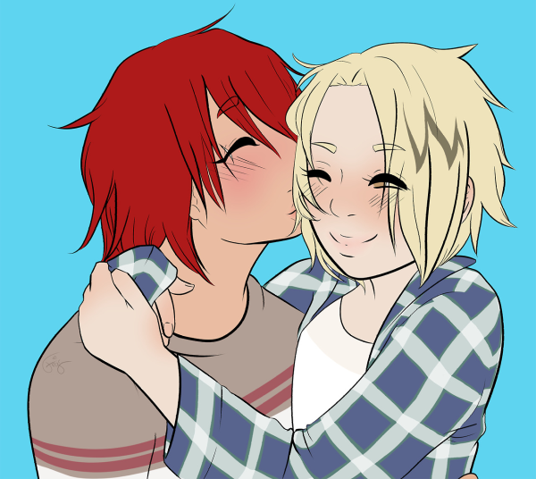 Kirishima with his hair down, wearing a shirt that is beige up top, white on the bottom half, two red stripes going along the bottom of the beige section. Kaminari wearing a white shirt with a blue flannel with green and white pattern. Kirishima is kissing Kaminari on the cheek. Kaminari's arms are looped around Kirishima's neck/shoulders, they're both smiling. The background is a solid blue.